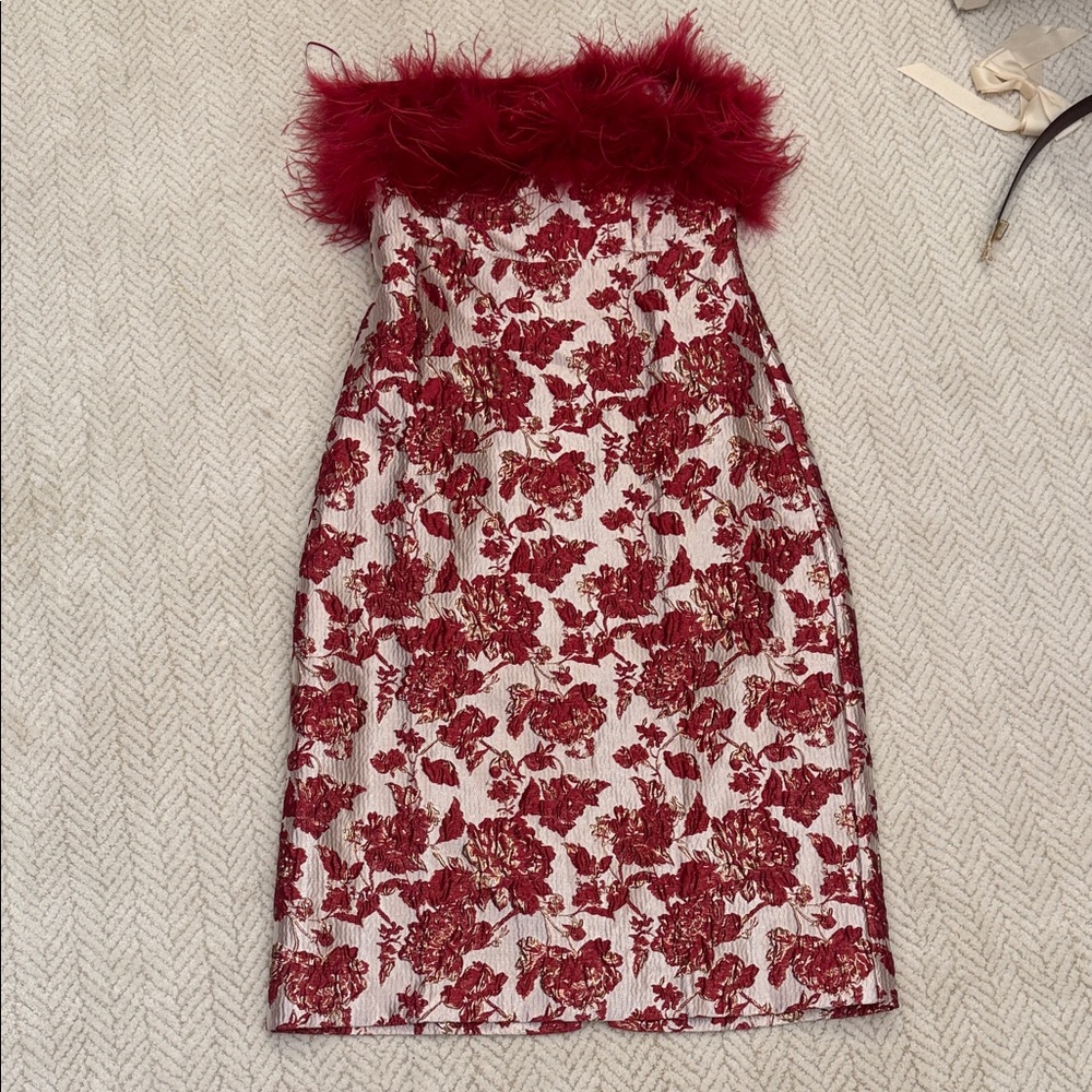 Strapless Red Floral Jacquard Dress with Feather Trim